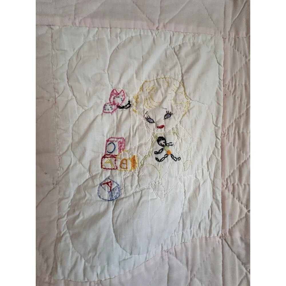 Vintage Handmade Baby Quilt – Embroidered Nursery Animals Pink 52 X 42